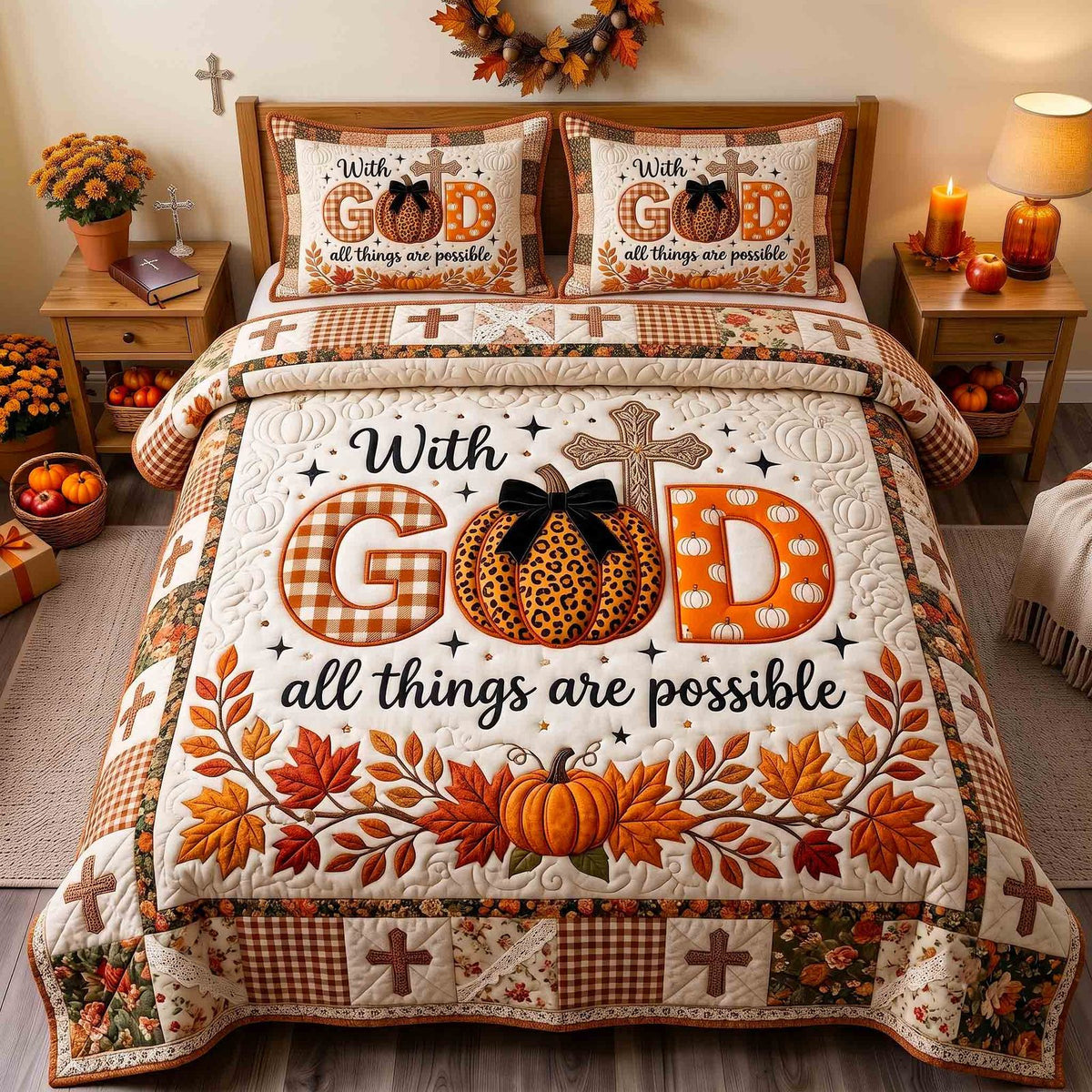 Autumn Faith quilted 3-piece bedding set on a made bed in a softly lit bedroom