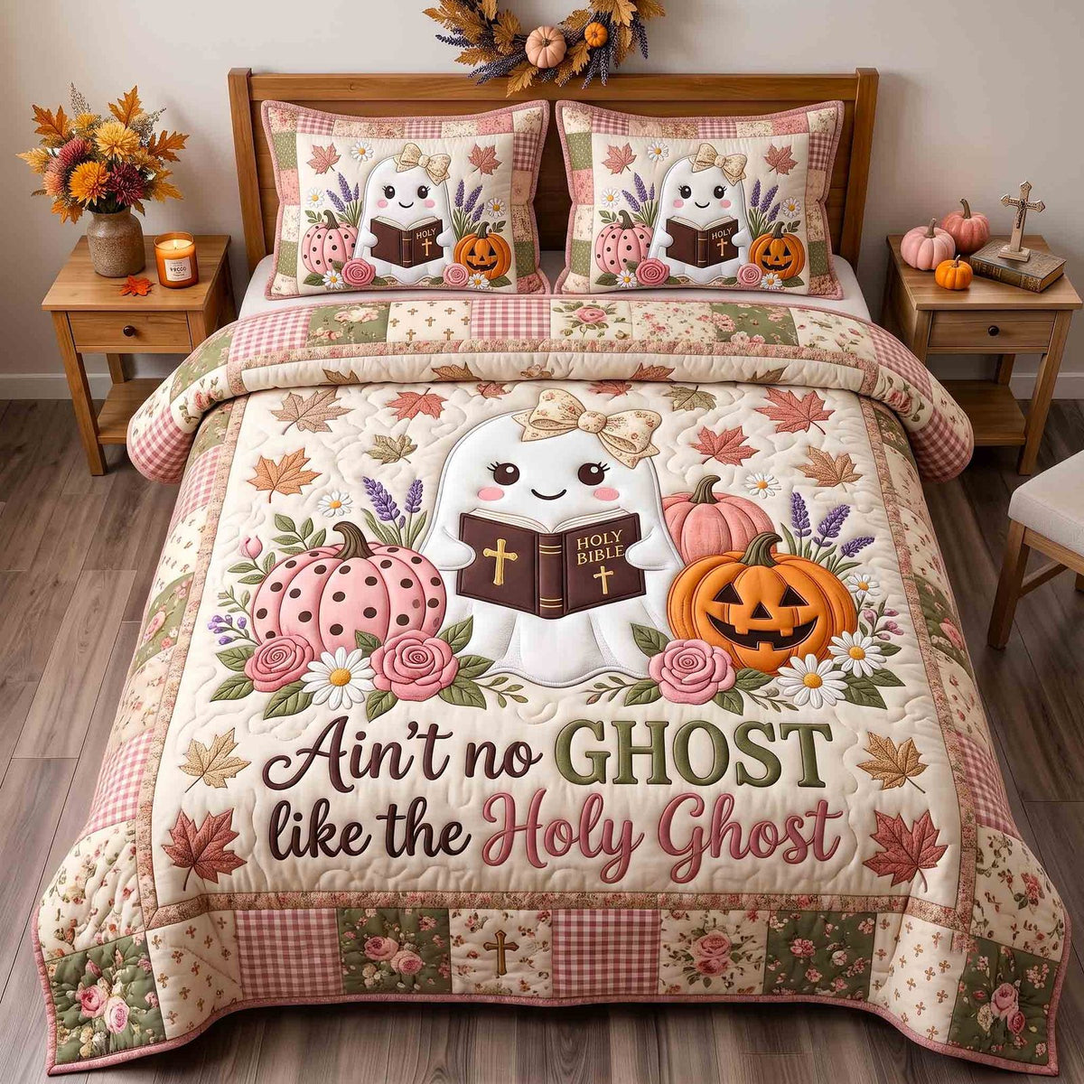 Autumn Faith quilted 3-piece bedding set on a made bed in a softly lit bedroom