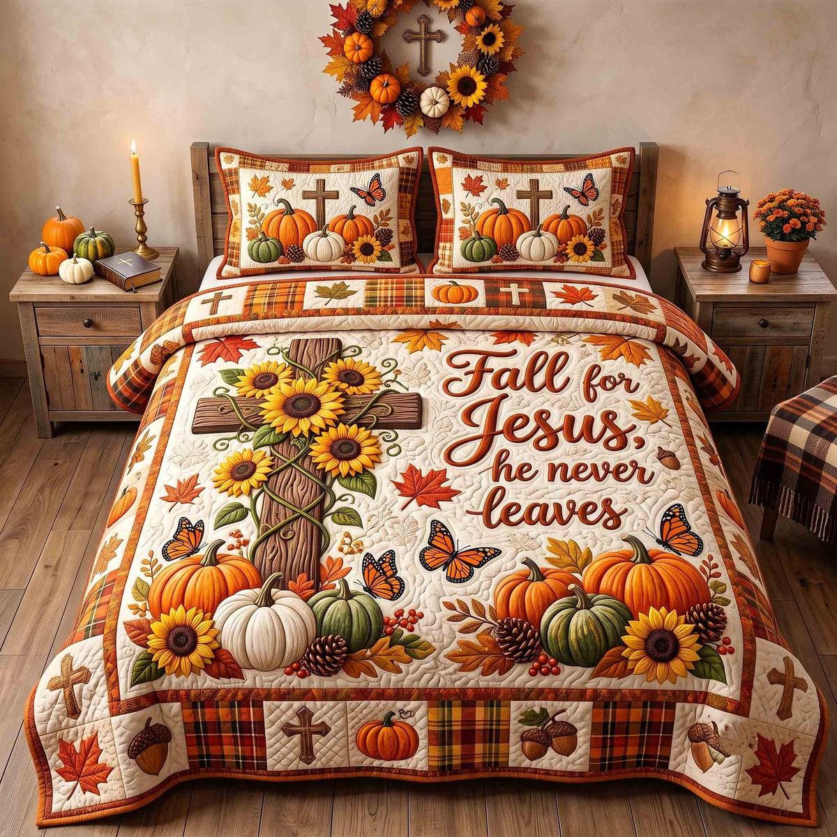 Autumn Faith quilted 3-piece bedding set on a made bed in a softly lit bedroom