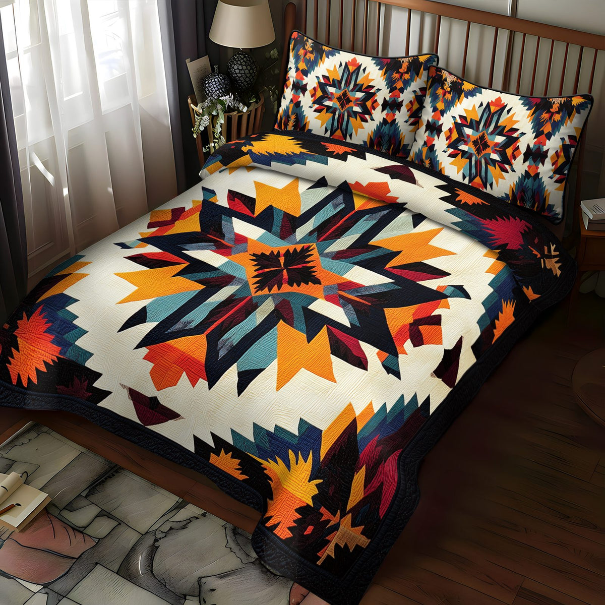 Autumn Fire quilted 3-piece bedding set on a made bed with two matching pillow shams