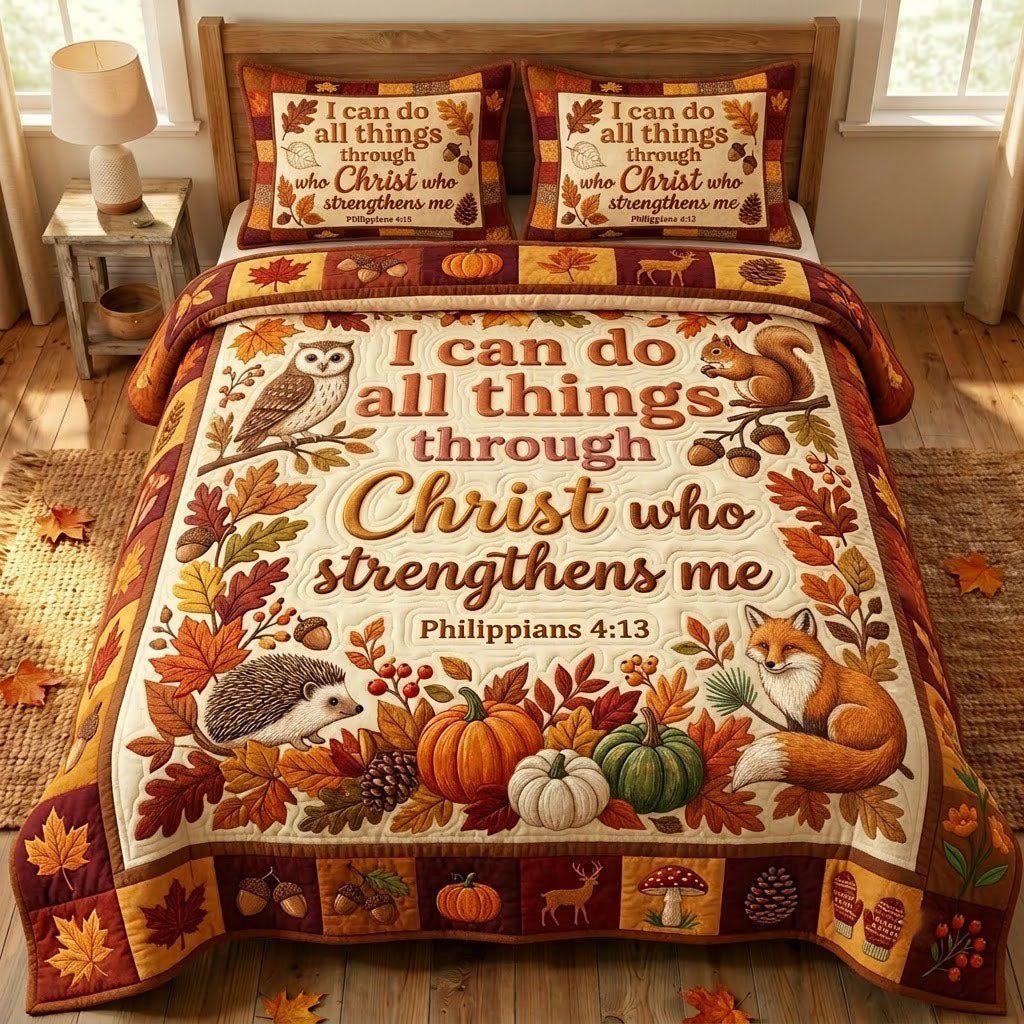 Autumn Floral Bible quilted 3-piece bedding set on a made bed in a softly lit bedroom