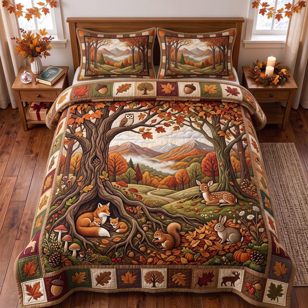 Autumn Forest quilted 3-piece bedding set on a made bed with two matching pillow shams