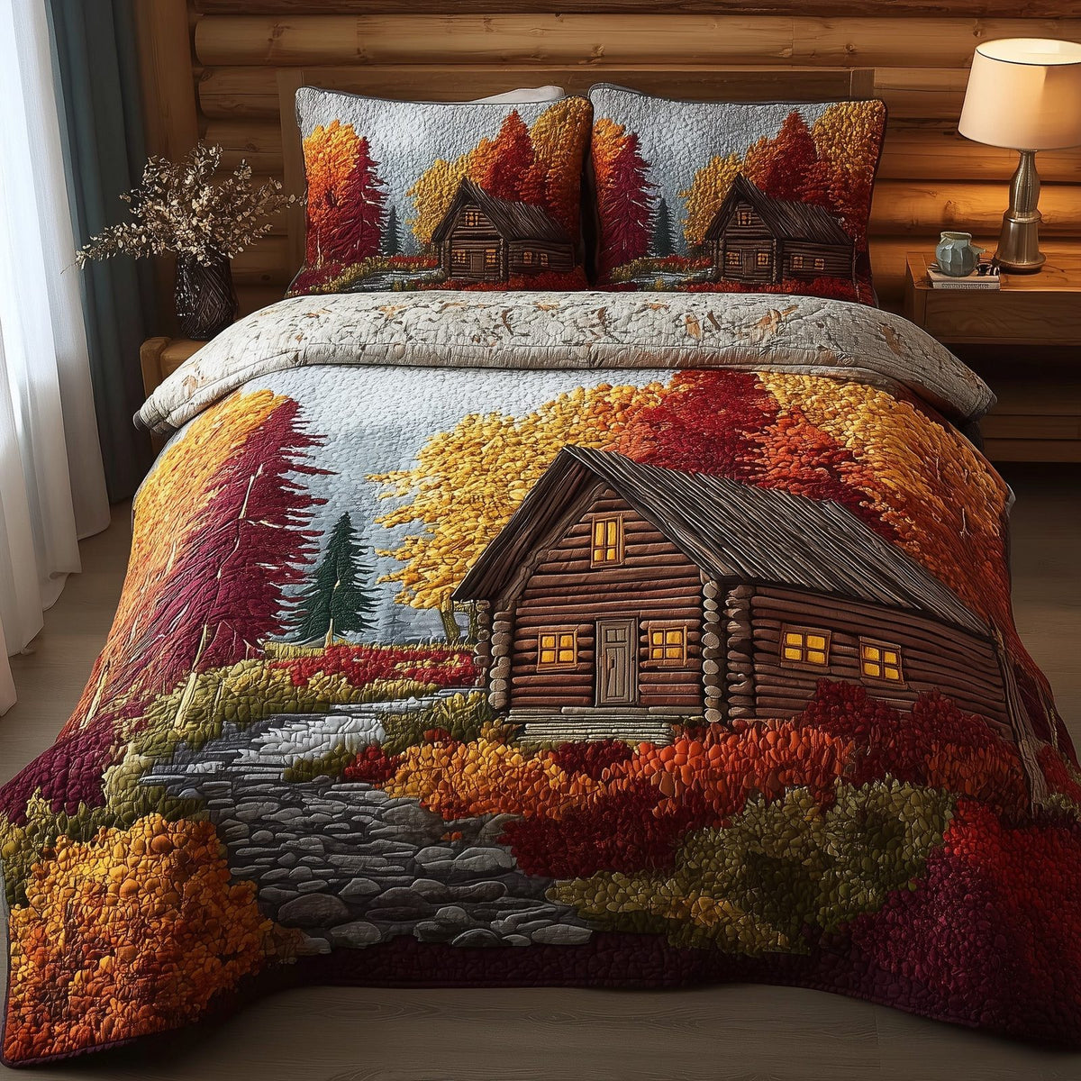 Autumn Forest quilted 3-piece bedding set on a made bed with two matching pillow shams