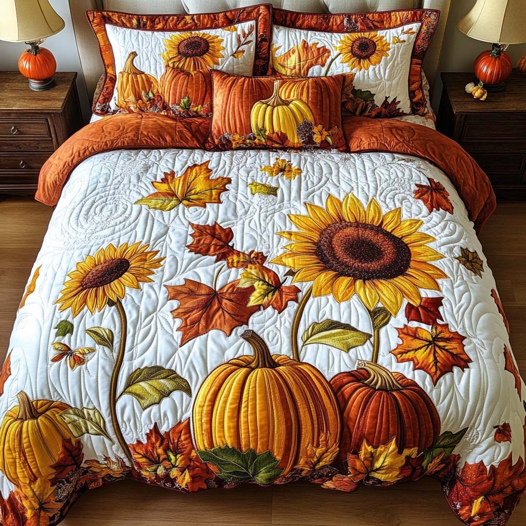 Autumn Forest Whisper quilted 3-piece bedding set on a made bed with two matching pillow shams