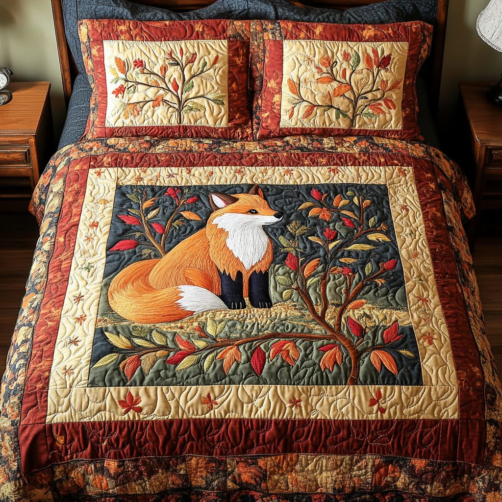 Autumn Fox quilted 3-piece bedding set on a made bed with two matching pillow shams
