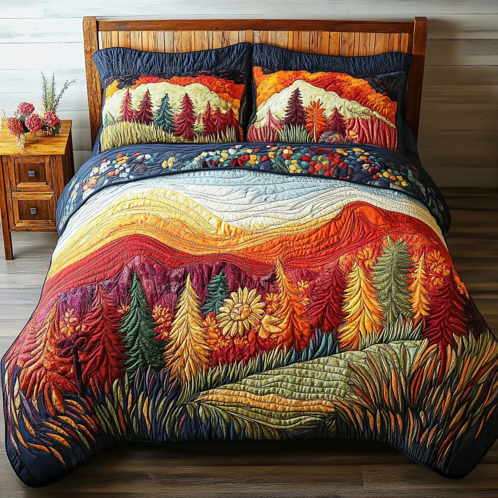 Autumn Glow quilted 3-piece bedding set on a made bed with two matching pillow shams