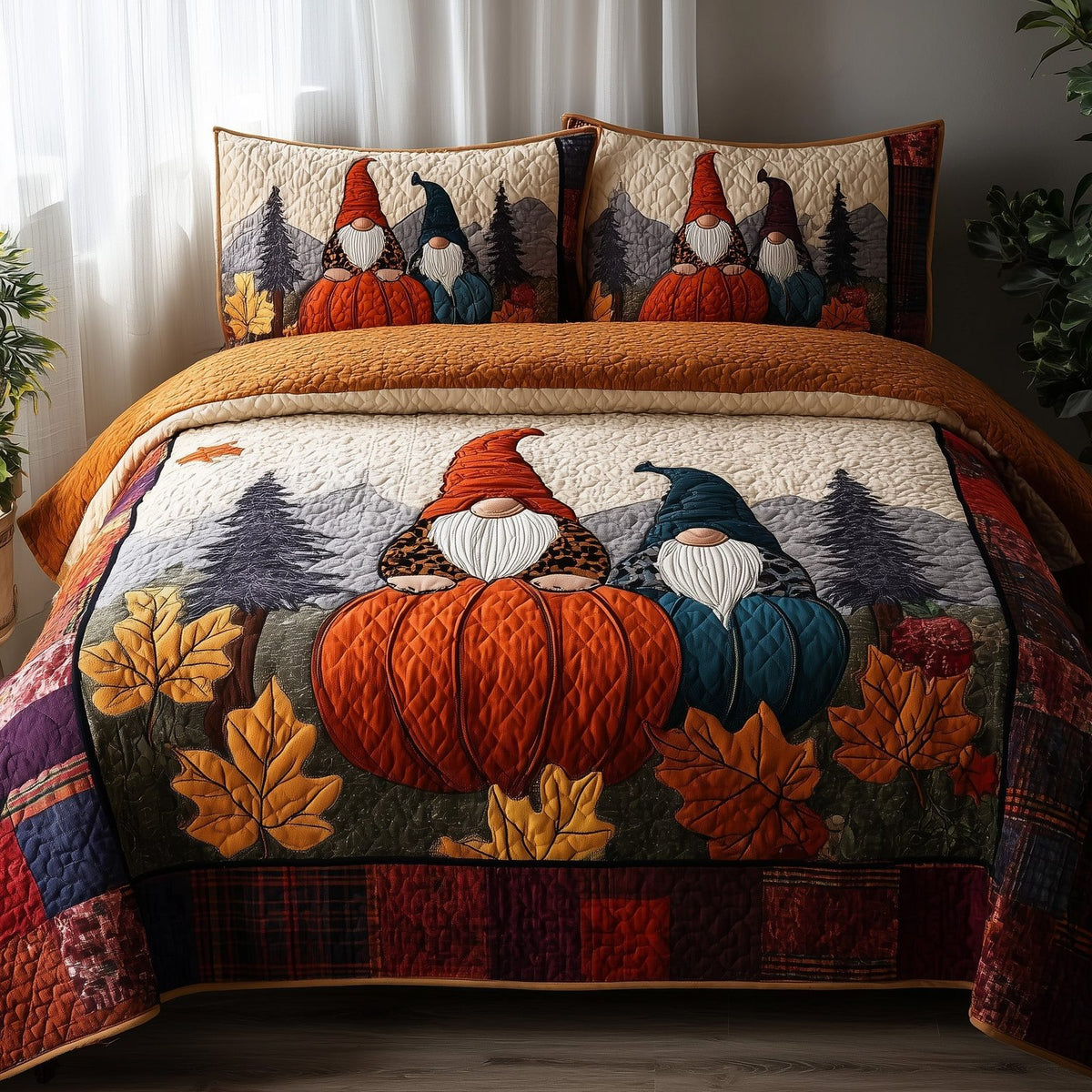 Autumn Gnome quilted 3-piece bedding set on a made bed in a winter-styled bedroom