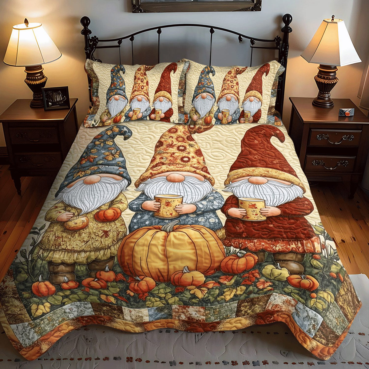 Autumn Gnomes quilted 3-piece bedding set on a made bed with two matching pillow shams