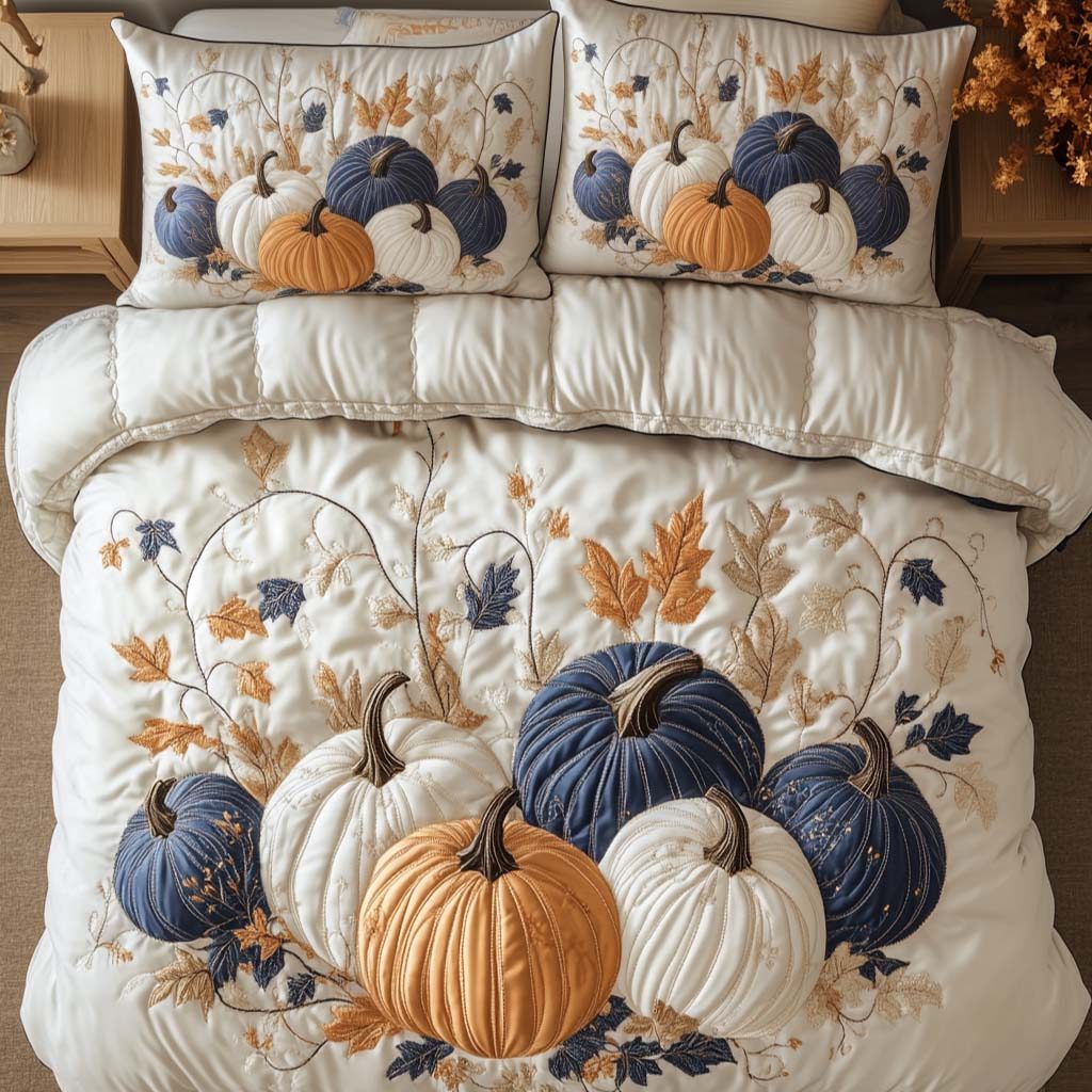 Autumn Golden Glow quilted 3-piece bedding set on a made bed with two matching pillow shams