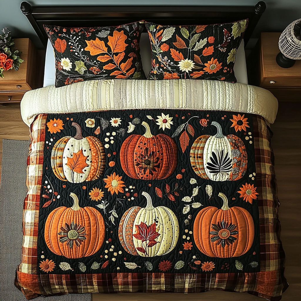Autumn Gourds quilted 3-piece bedding set on a made bed with two matching pillow shams
