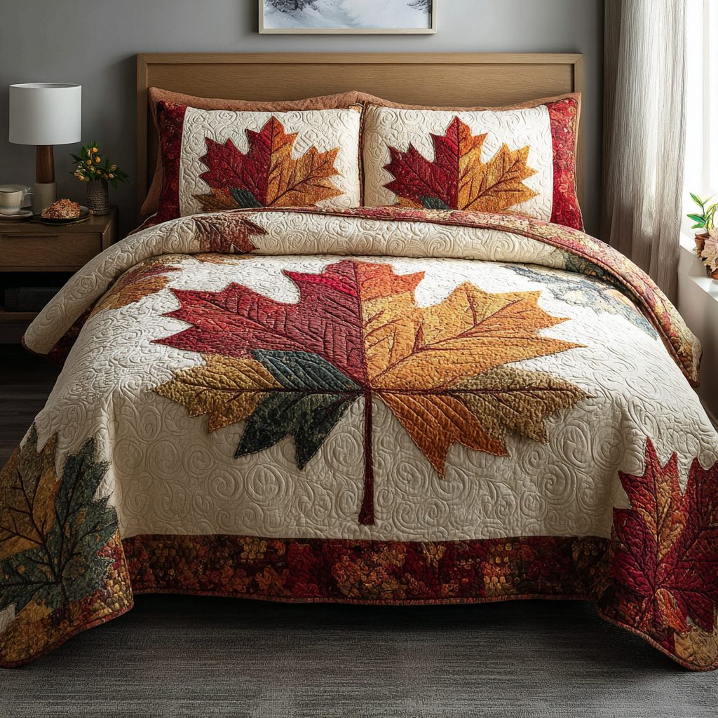 Autumn Grace quilted 3-piece bedding set on a made bed with two matching pillow shams