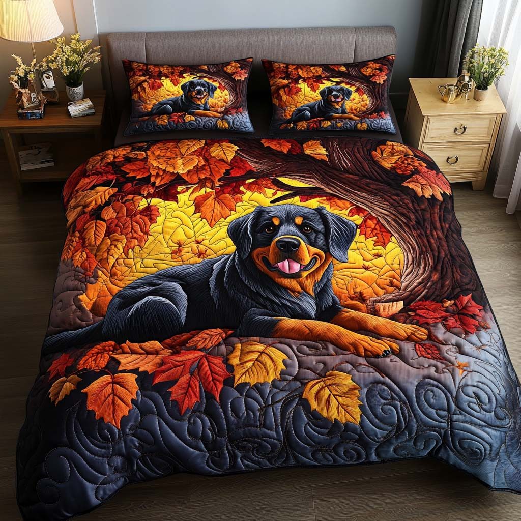 Autumn Guardian quilted 3-piece bedding set on a made bed with two matching pillow shams