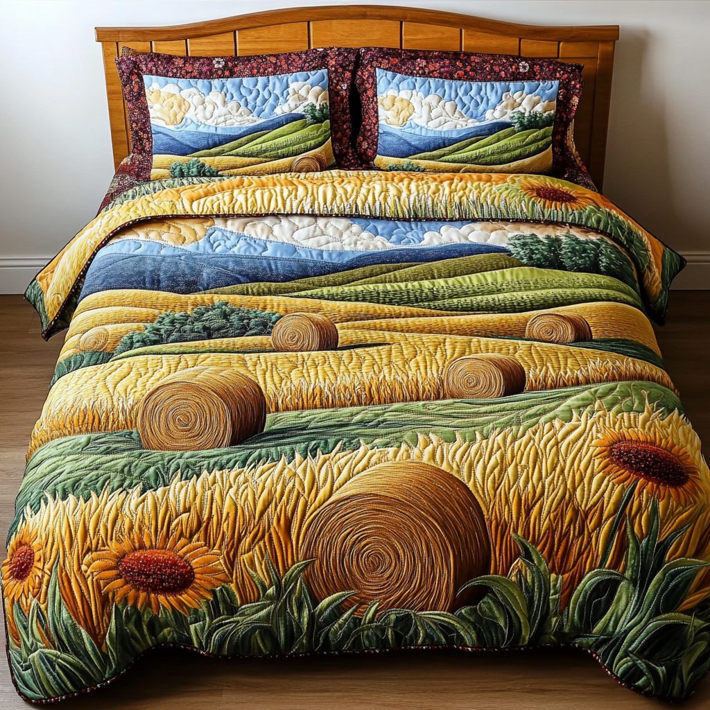 Autumn Harvest quilted 3-piece bedding set on a made bed with two matching pillow shams
