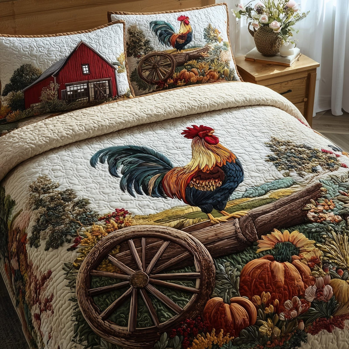 Autumn Haven quilted 3-piece bedding set on a made bed with two matching pillow shams
