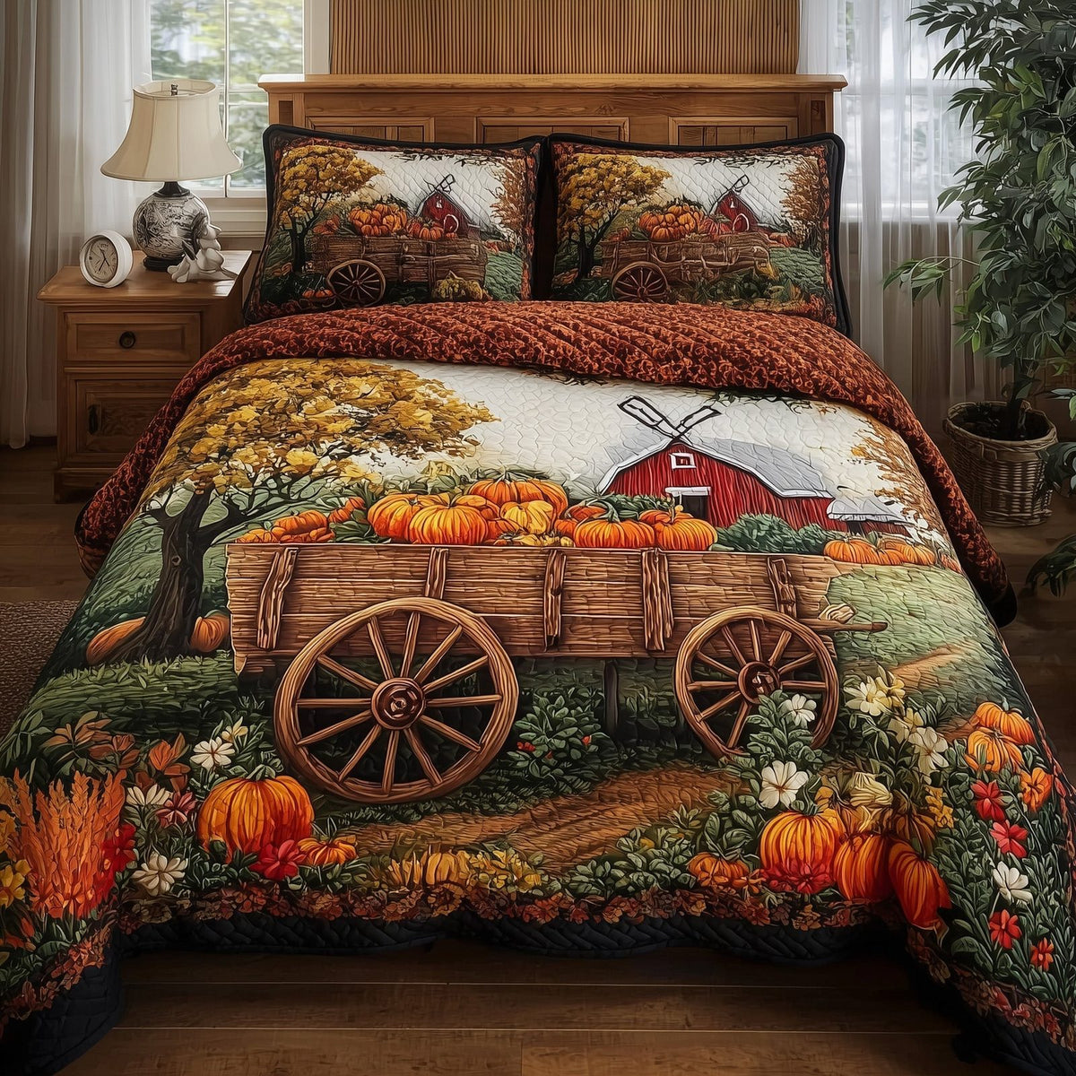 Autumn Haven quilted 3-piece bedding set on a made bed with two matching pillow shams