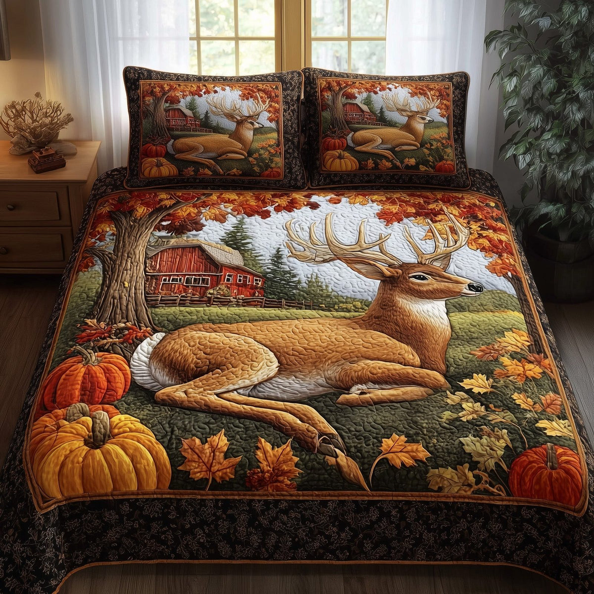 Autumn Haven quilted 3-piece bedding set on a made bed with two matching pillow shams