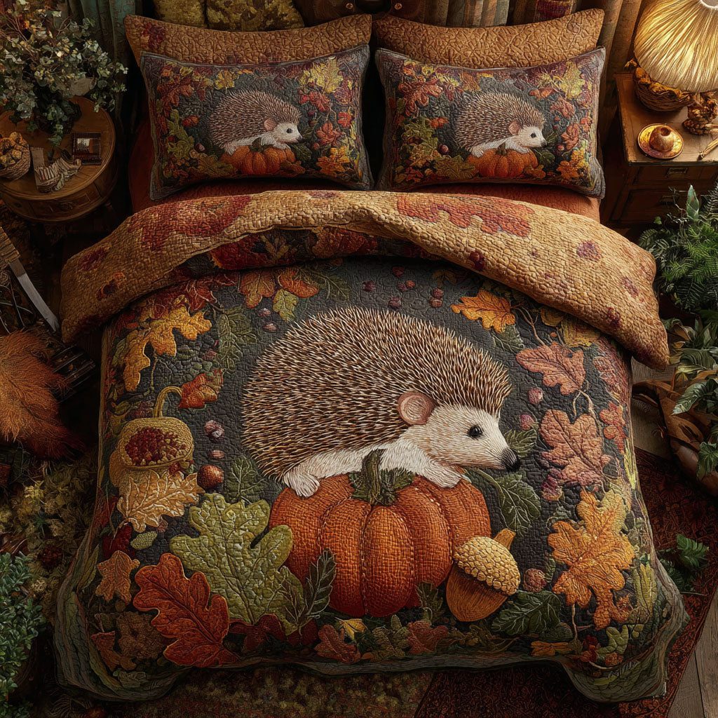 Autumn Hedgehog Tales quilted 3-piece bedding set on a made bed with two matching pillow shams