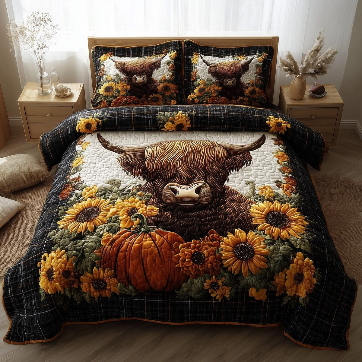 Autumn Highland Cow quilted 3-piece bedding set on a made bed with two matching pillow shams