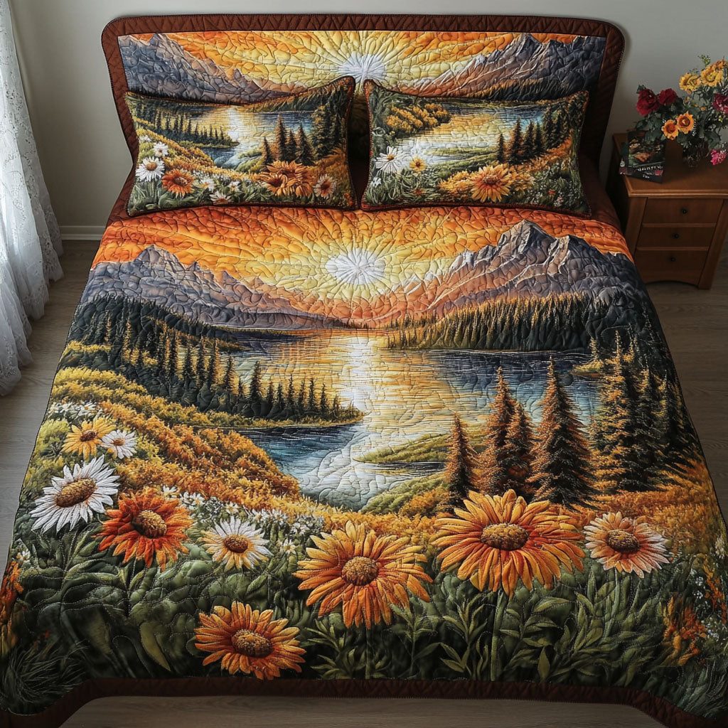 Autumn Horizon quilted 3-piece bedding set on a made bed with two matching pillow shams