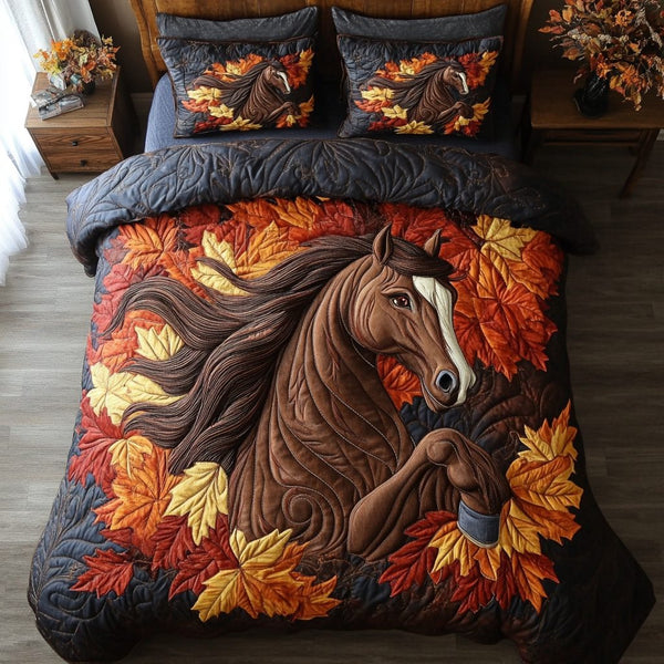 Autumn Horse quilted 3-piece bedding set on a made bed in a rustic timber bedroom