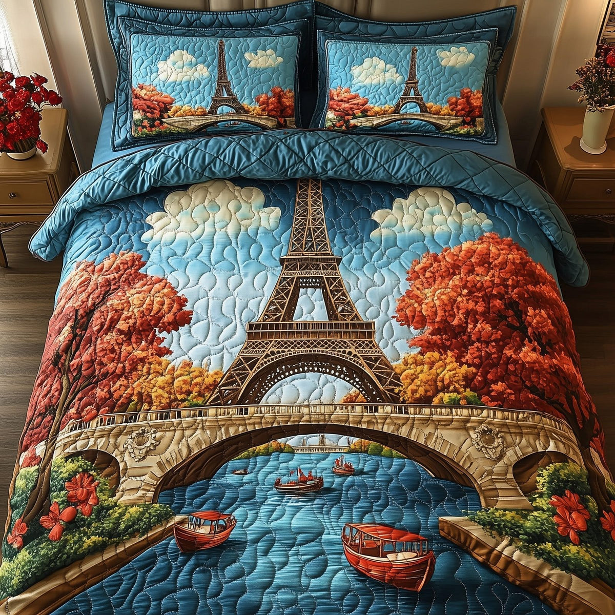 Autumn in Paris quilted 3-piece bedding set on a made bed with two matching pillow shams