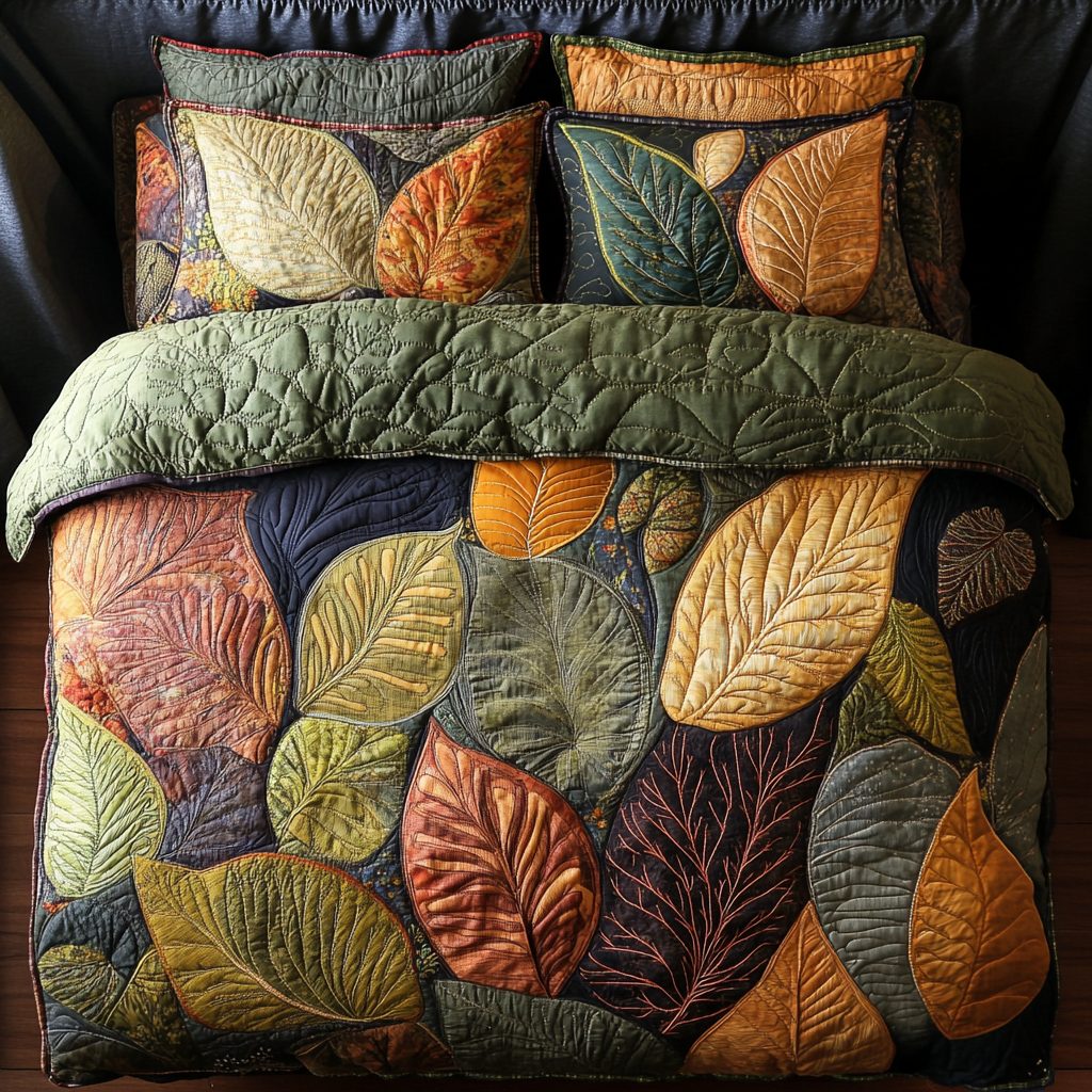 Autumn Leaf quilted 3-piece bedding set on a made bed with two matching pillow shams