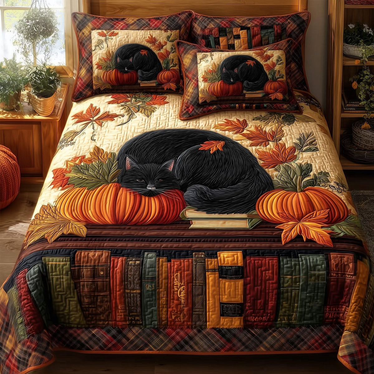 Autumn Library quilted 3-piece bedding set on a made bed with two matching pillow shams