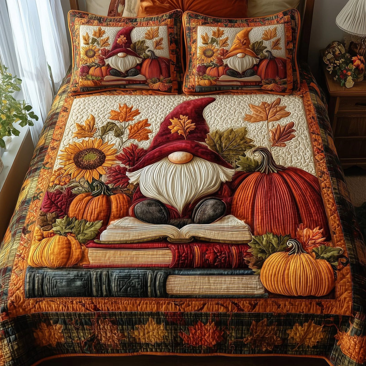 Autumn Library quilted 3-piece bedding set on a made bed with two matching pillow shams