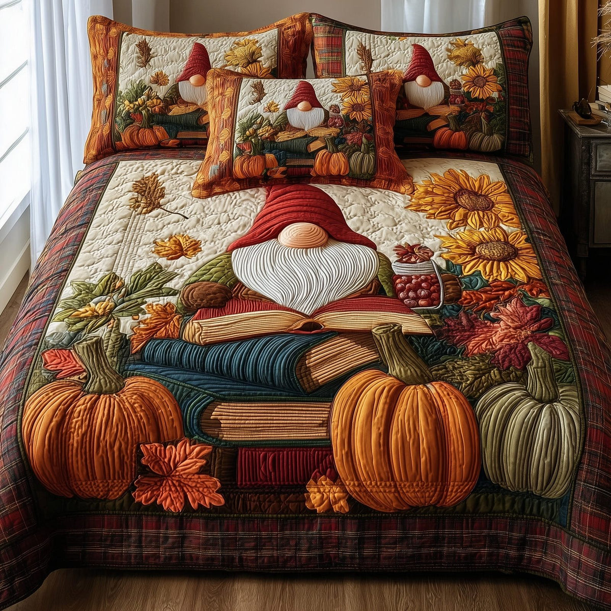 Autumn Library quilted 3-piece bedding set on a made bed with two matching pillow shams