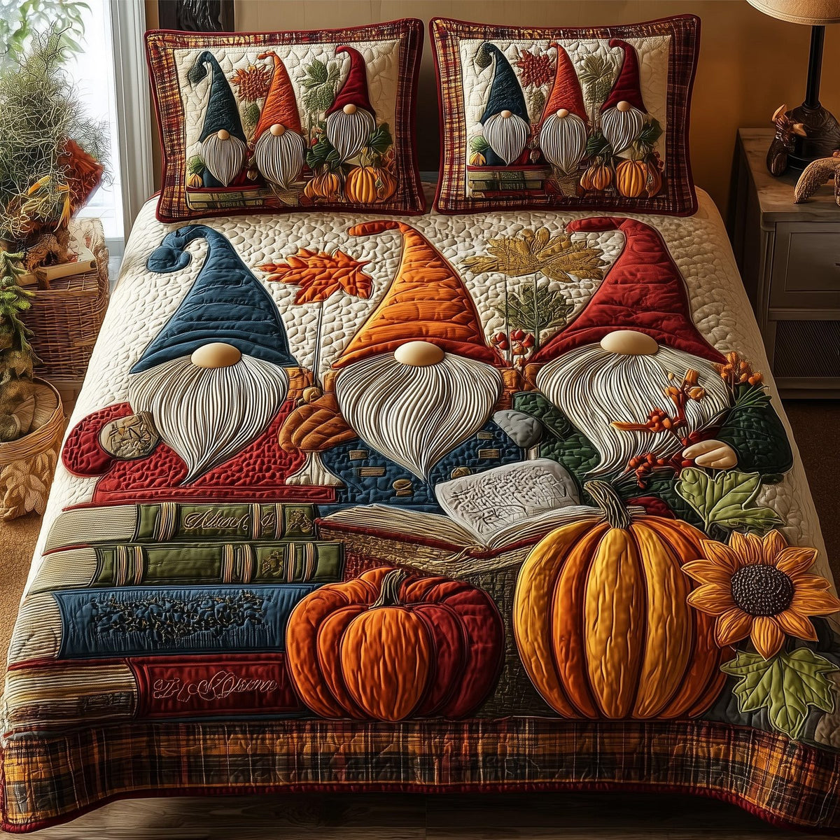 Autumn Library quilted 3-piece bedding set on a made bed with two matching pillow shams