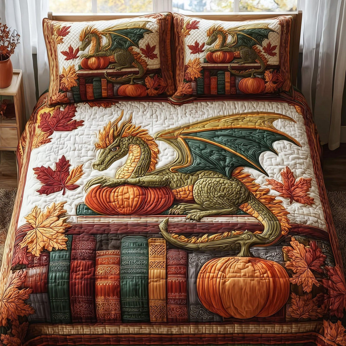 Autumn Library quilted 3-piece bedding set on a made bed with two matching pillow shams