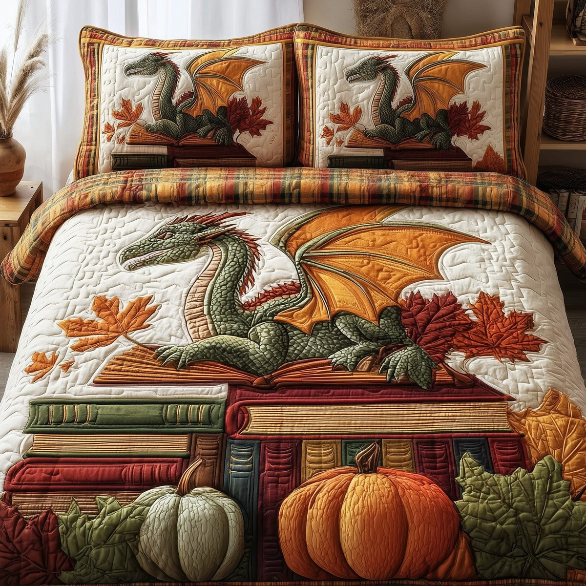 Autumn Library quilted 3-piece bedding set on a made bed with two matching pillow shams