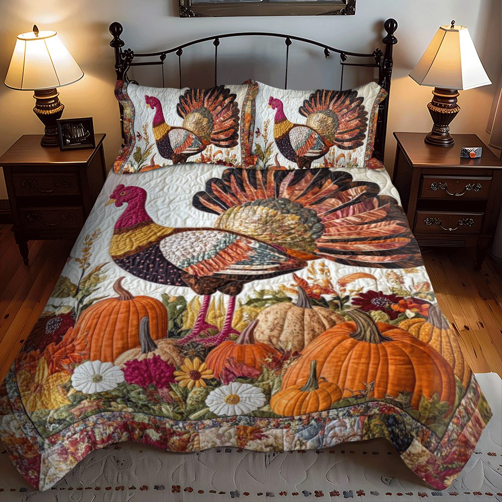 Autumn Magic Turkey quilted 3-piece bedding set on a made bed with two matching pillow shams