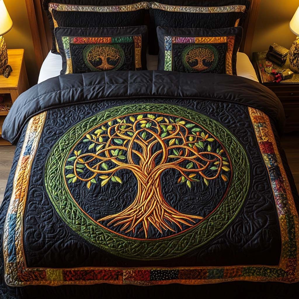 Autumn Majesty quilted 3-piece bedding set on a made bed with two matching pillow shams