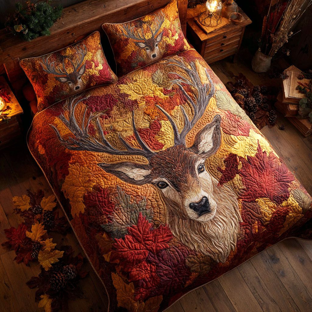 Autumn Majesty quilted 3-piece bedding set on a made bed with two matching pillow shams