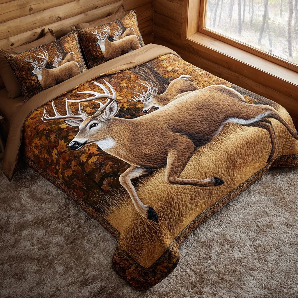 Autumn Meadow Deer quilted 3-piece bedding set on a made bed with two matching pillow shams