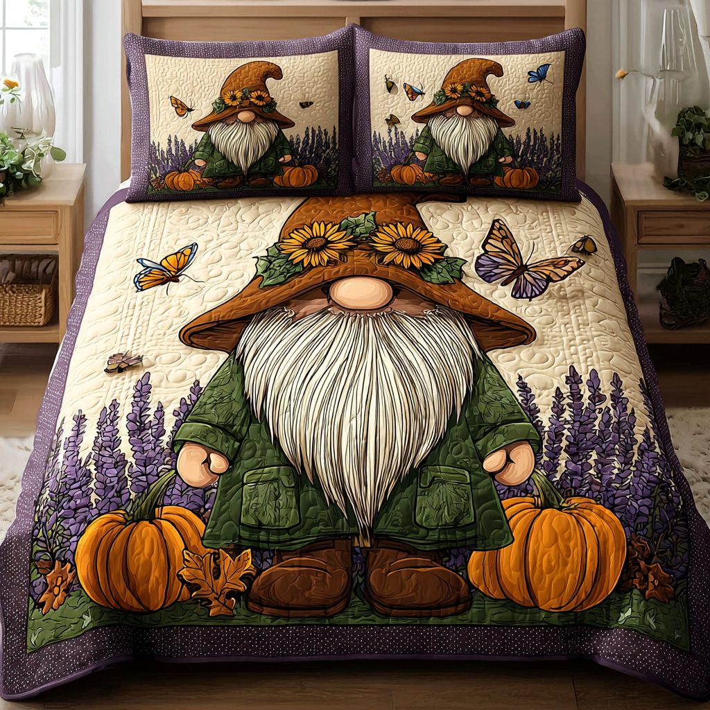 Autumn Mischief Makers quilted 3-piece bedding set on a made bed with two matching pillow shams