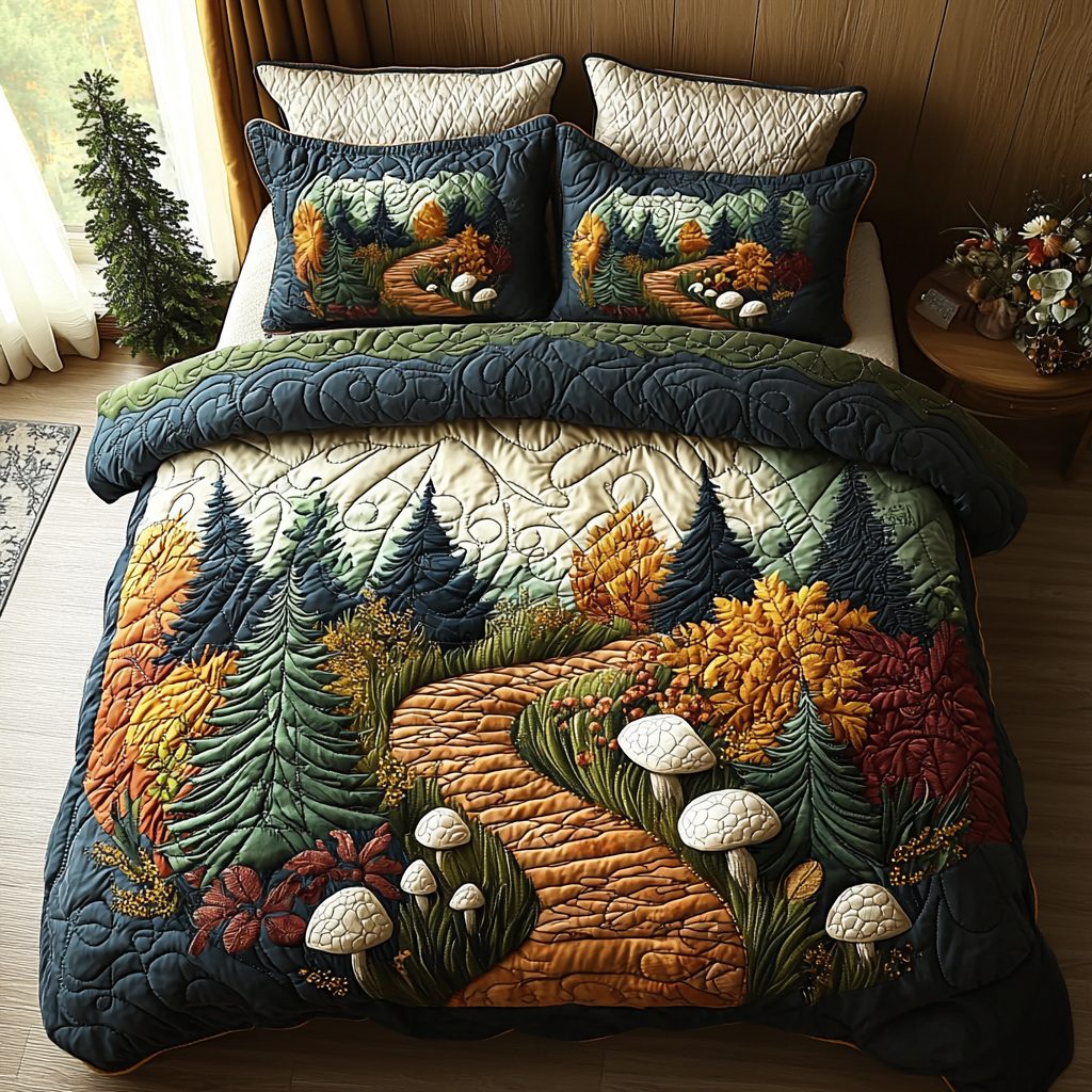 Autumn Mushroom Trails quilted 3-piece bedding set on a made bed with two matching pillow shams