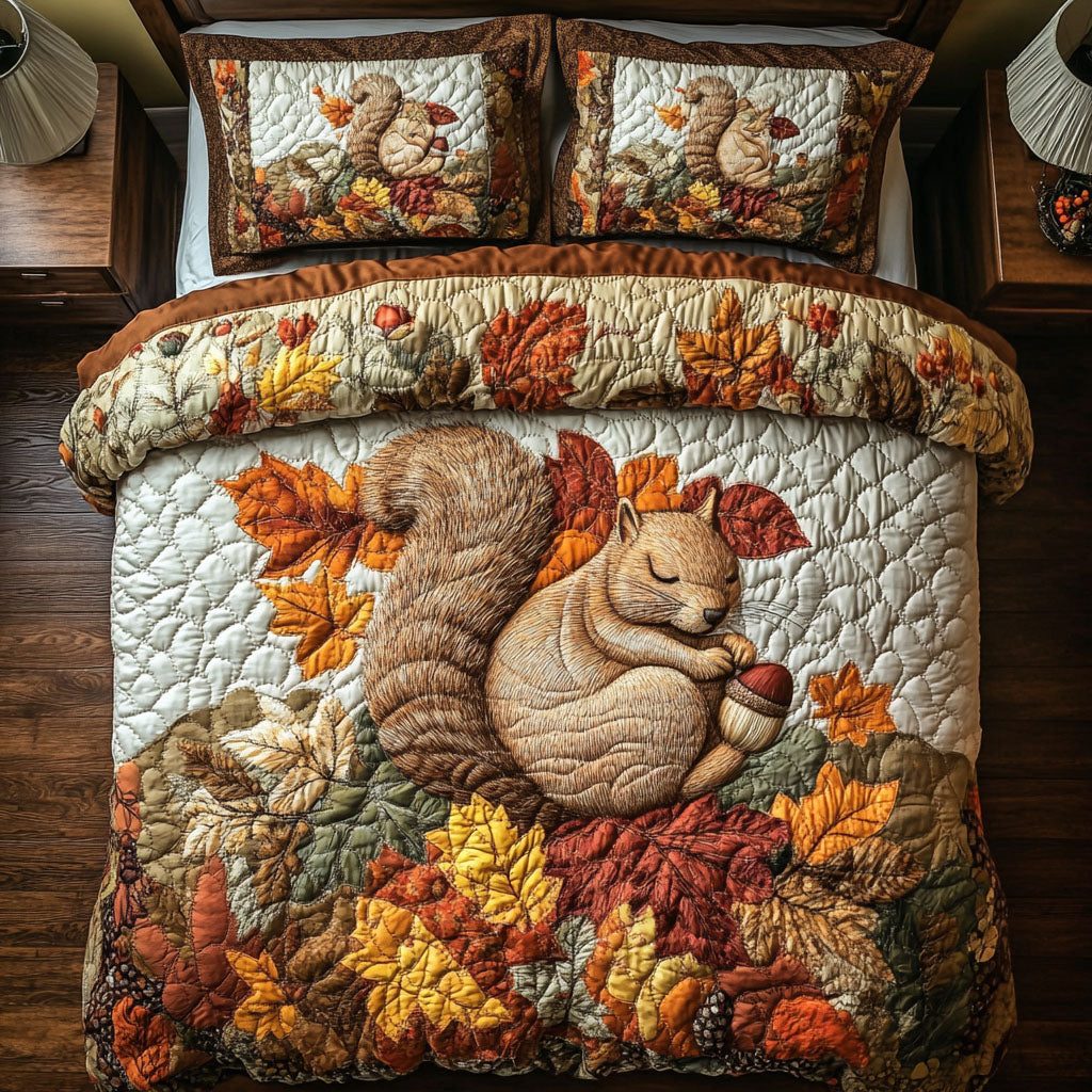 Autumn Nut Stash quilted 3-piece bedding set on a made bed with two matching pillow shams