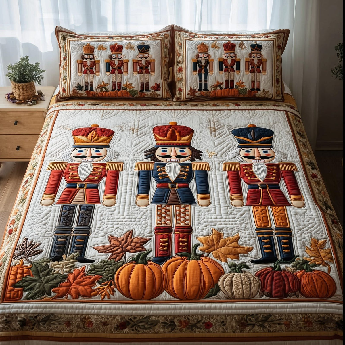 Autumn Nutcracker quilted 3-piece bedding set on a made bed in a winter-styled bedroom