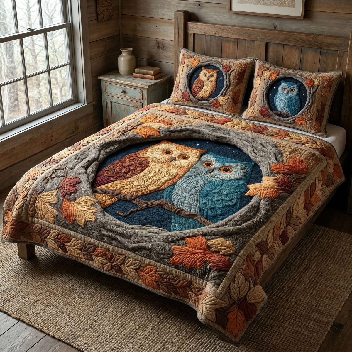Autumn Owls quilted 3-piece bedding set on a made bed with two matching pillow shams