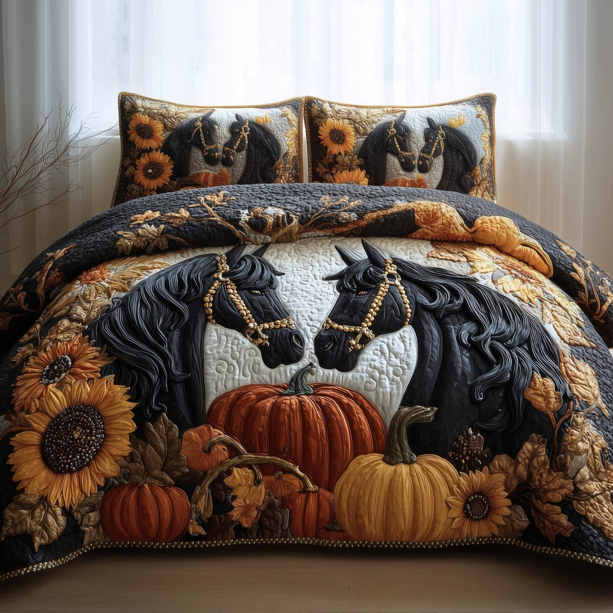 Autumn Pasture Gallop quilted 3-piece bedding set on a made bed with two matching pillow shams