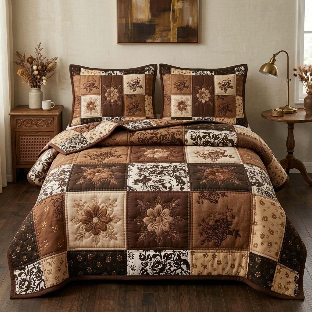 Autumn Patchwork quilted 3-piece bedding set on a made bed in a farmhouse bedroom