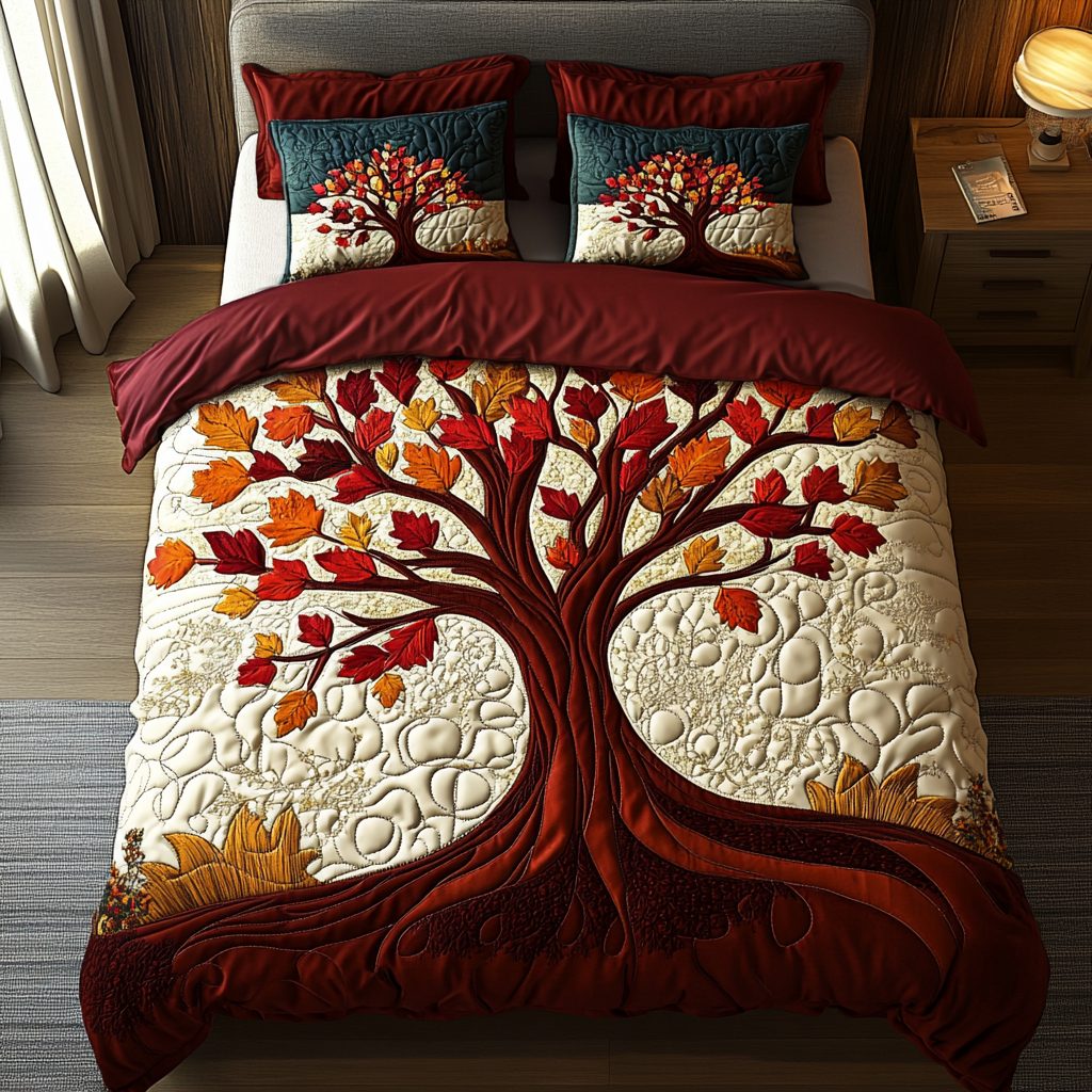 Autumn Path quilted 3-piece bedding set on a made bed with two matching pillow shams