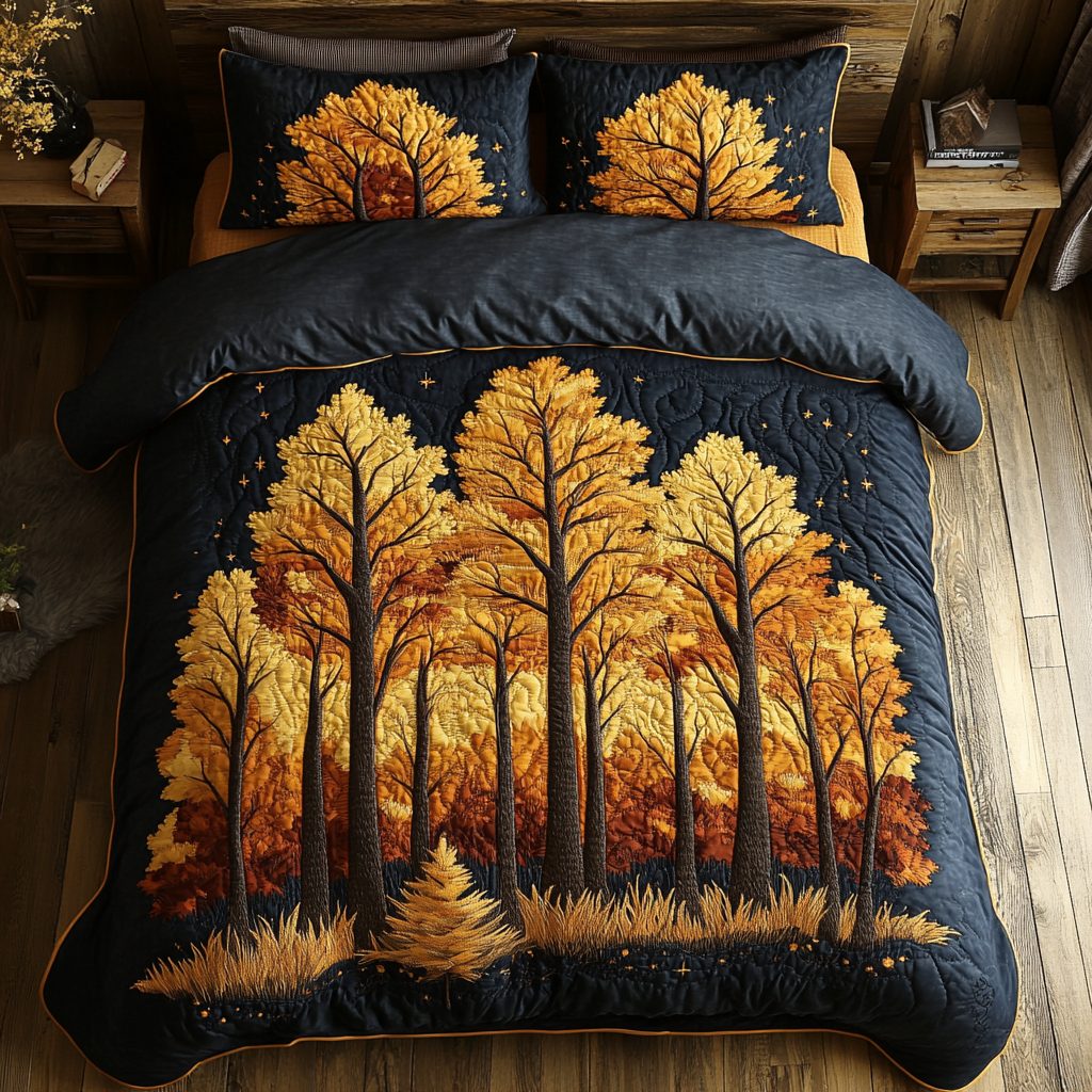 Autumn Path quilted 3-piece bedding set on a made bed with two matching pillow shams