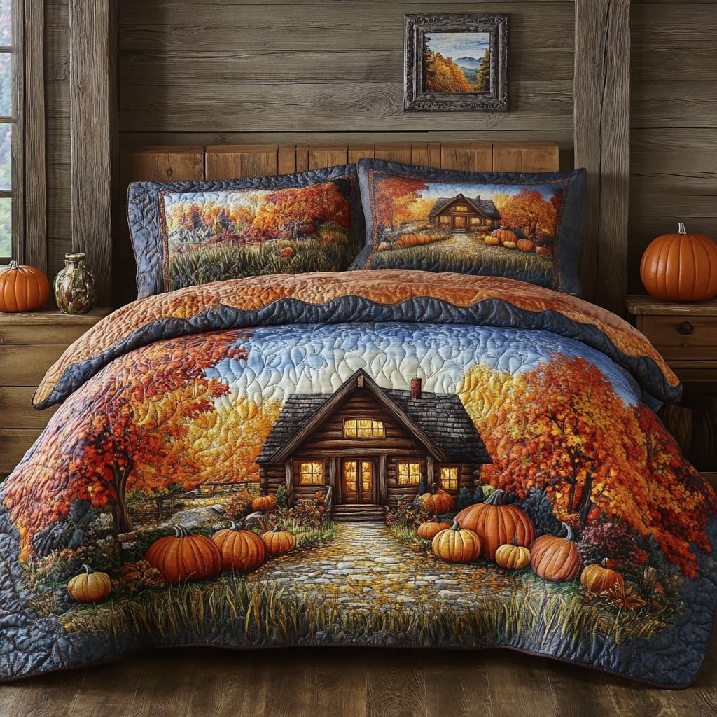 Autumn Pathway quilted 3-piece bedding set on a made bed with two matching pillow shams