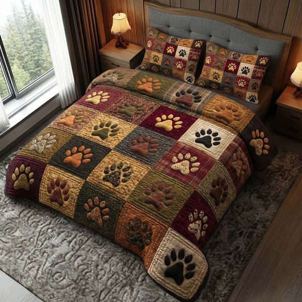 Autumn Paws quilted 3-piece bedding set on a made bed with two matching pillow shams