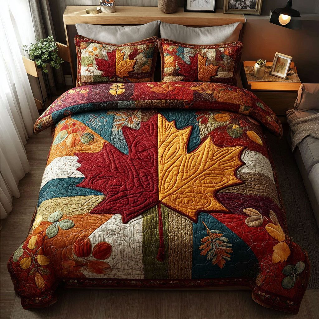 Autumn Petals quilted 3-piece bedding set on a made bed with two matching pillow shams