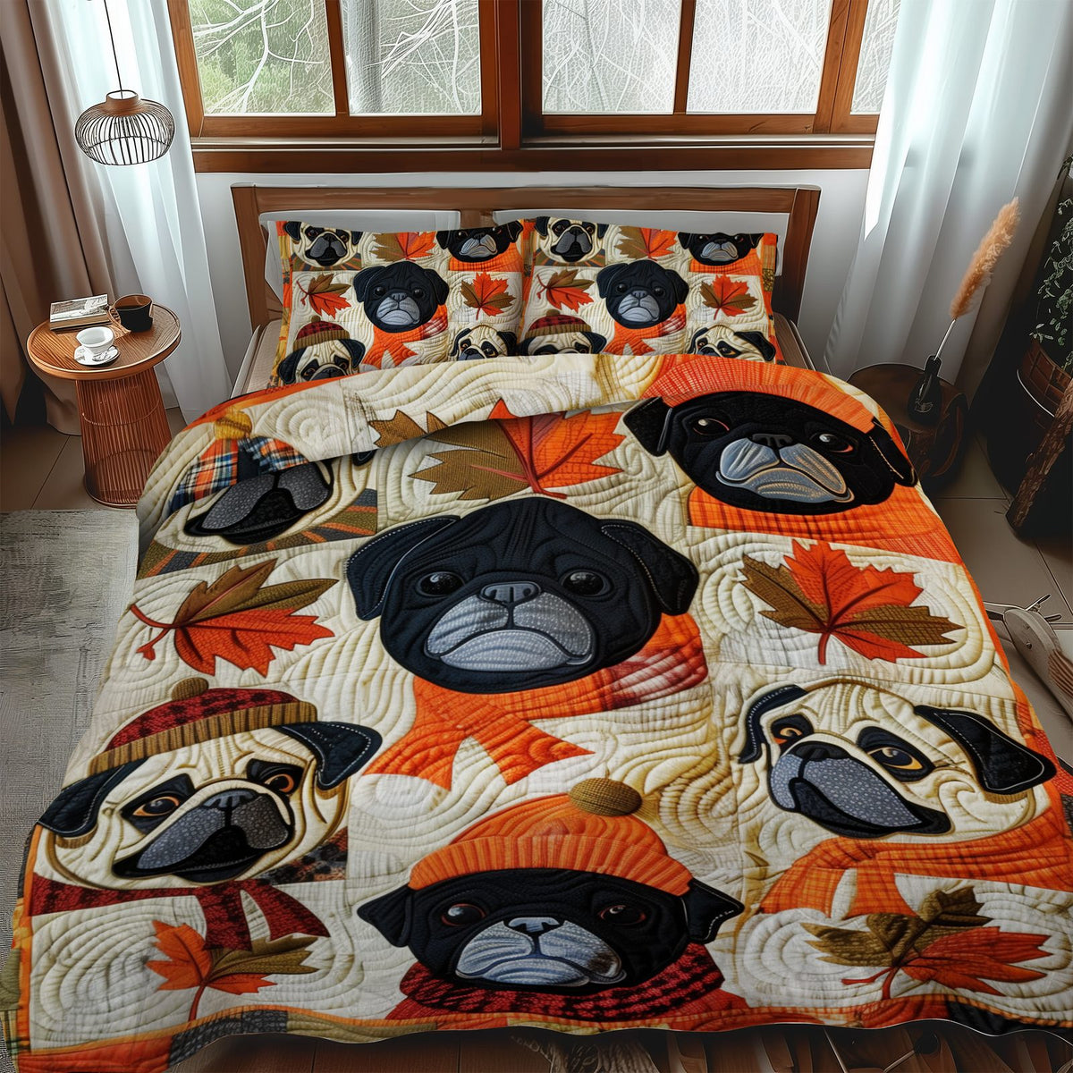 Autumn Pugs quilted 3-piece bedding set on a made bed with two matching pillow shams