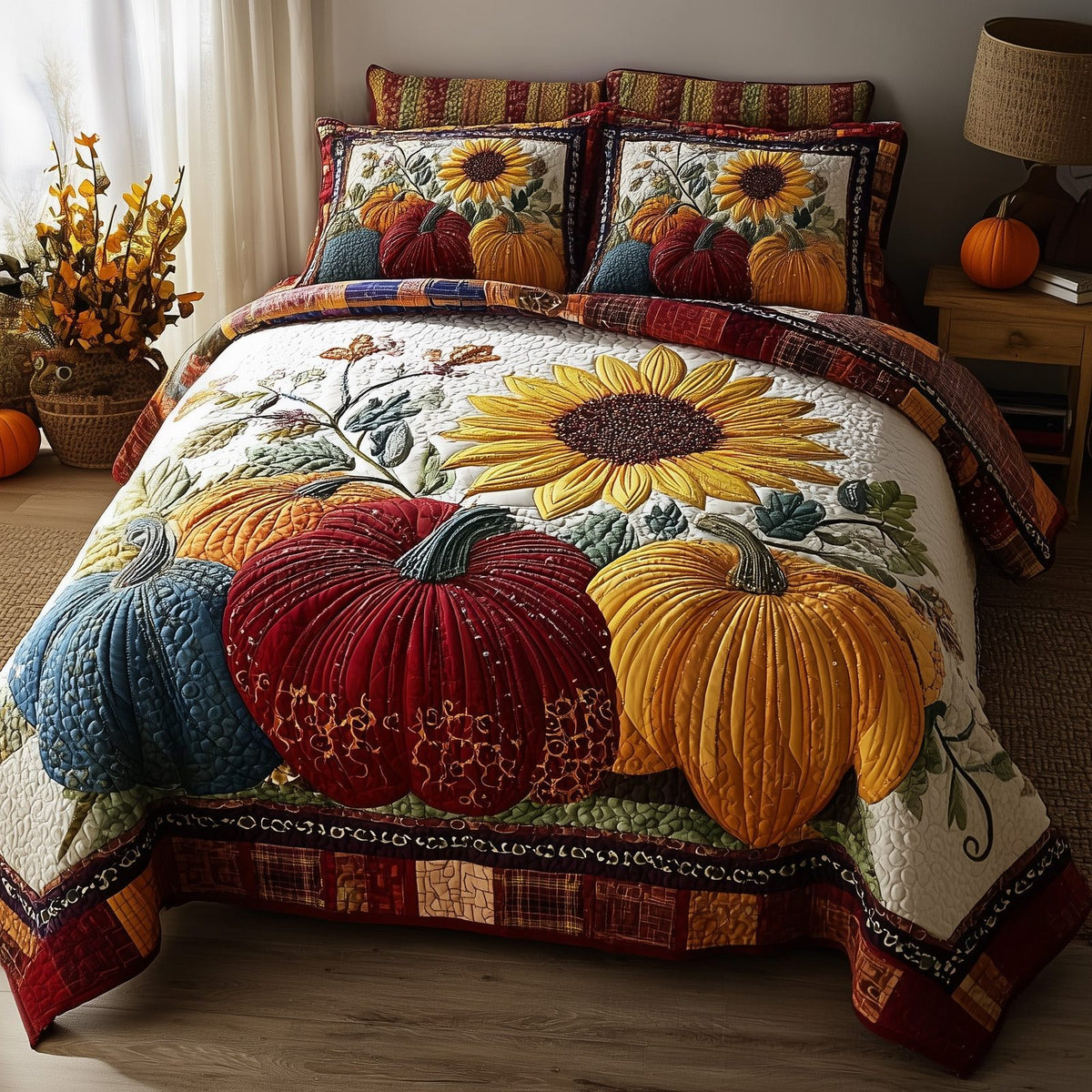 Autumn Pumpkin quilted 3-piece bedding set on a made bed against a dark styled interior